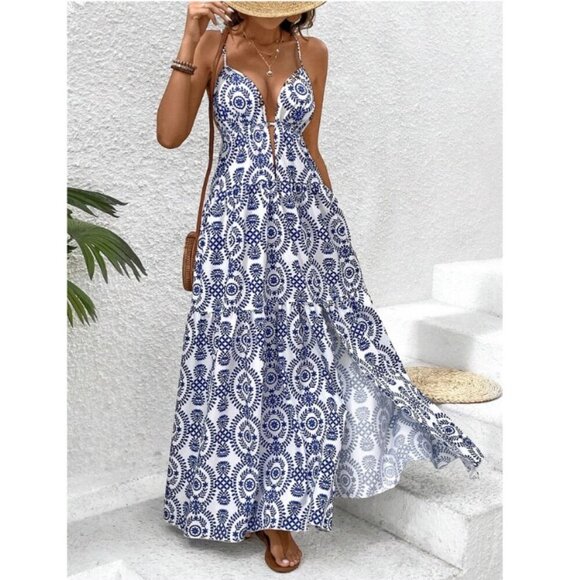 WILA Dresses & Skirts - Boho gypsy floral print paisley v neck spaghetti strap maxi dress blue white